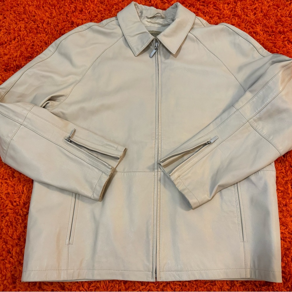 CLAIBORNE PREMIUM 100% LEATHER LINED JACKET ZIPPER STONE OFF-WHITE COLOR SIZE L